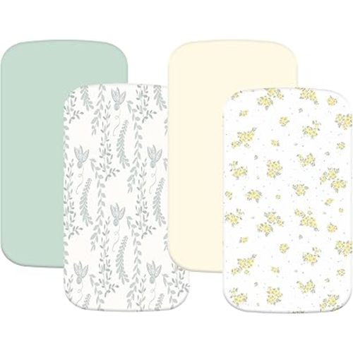 4 Pack Stretchy Bassinet Sheets 20" x 33" Fit for Baby Delight, BCOL, Jimglo, Angelbliss, Maxi-COSI & Most Regular Size Bedside Sleeper- Soft Breathable Fitted Bassinet Sheets - Light Floral Yellow