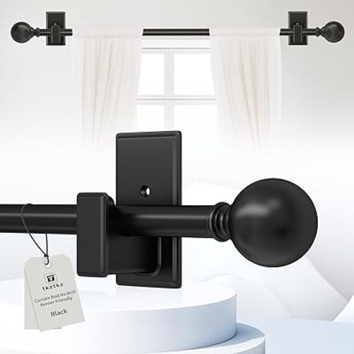 Black Curtain Rods No Drilling-Adjustable No Drill Curtain Rods for Windows 32-45 Inch with Adhesive Brackets for Bedroom Apartment Renter Friendly 5/8" Small Door Cafe Single Rod Easy Install