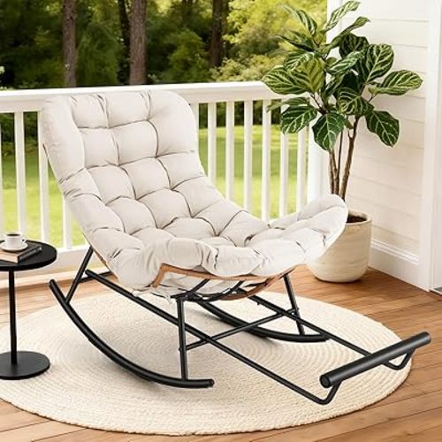 Rattan Rocking Chair with Detachable Polyester Cushion and Extendable Footrest – Papasan Chair with Cozy Seating for Porch, Lawn, Bedroom & Living Room, Beige
