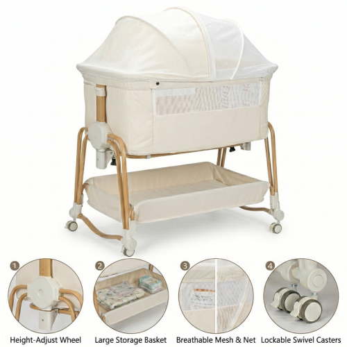 suihuooo 4-in-1 Rocking Baby Bassinet with Wheels and Storage Basket 7 Height Adjustable Mosquito Net for Newborn,White