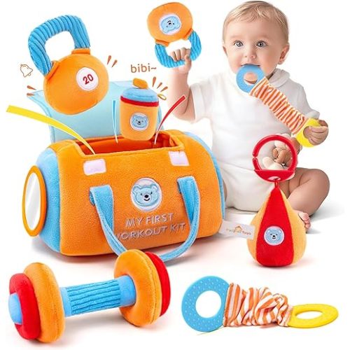 Baby Toys 3-6-12 Months Sensory Toy for Babies Workout Dumbbell Weights Toy Set with Rattles,Crinkle,Mirror & Teether,Montessori Toys for 6 Month Old Infant Baby Girl Boy Gifts
