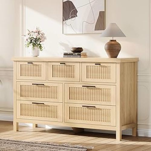 Garvee Fluted Dresser for Bedroom with 7 Drawers, 47.4 in Wide Chest of Drawers with Large Clothes Storage Cabinet, Wood Fluted Dresser, TV Stand for Bedroom, Nursery, Living Room, Hallway