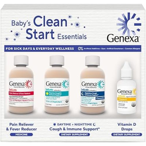 Genexa Baby’s First Medicine Cabinet, 4-Pack Gift Set – Infant Pain Relief & Fever Reducer, Organic Baby Cough Syrup and Vitamin D 400 IU, Dye-Free Baby Health Essentials for Infants & Toddlers