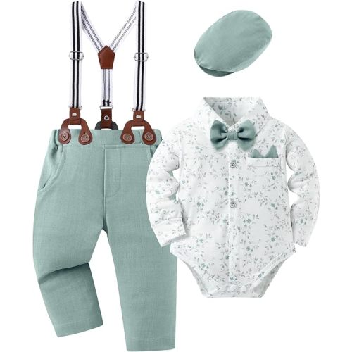 Baby Boy Outfits Suits Infant Formal Dress Clothes Gentleman Wedding Print Shirt+Beret Hat+Suspender Pants+Bowtie