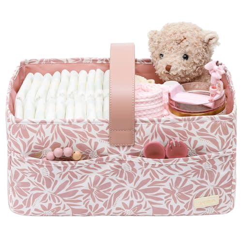 LUKJOJO Floral Baby Diaper Caddy Organizer, Nursery Storage Basket For Newborn Essentials and Diaper Changing Station, Baby Shower Gifts(Pink)