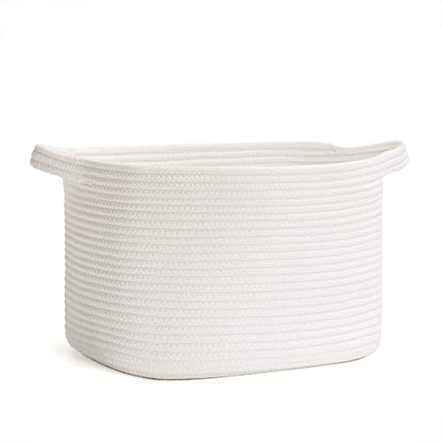 CHICVITA White Woven Rope Basket with Handles, Soft Medium Basket for Books, Toys, Clothes, Rectangle Towel Basket for Bathroom, Living Room, Nursery, Farmhouse Decorative Basket, 13.5 x 11 x 9.5