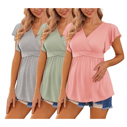 Ekouaer Maternity Shirts 3 Packs Flying Short Sleeve Nursing Tops Pregnancy Clothes