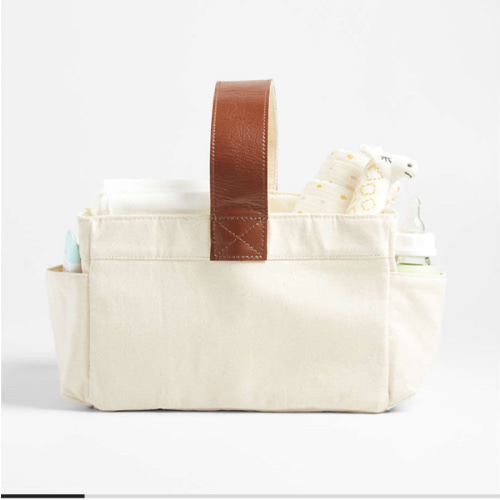 Canvas Diaper Caddy Organizer with Brown Leather Handle