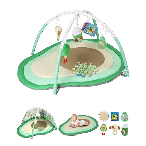 Tummy Time Mat, 9-in-1 Avocado Baby Play Gym Mat, Oversize Baby Play Activity Mats with Sunshade & 6 Detachable Sensory Toys, Washable Non-Slip Mat for Newborn Infant Baby Essentials Gift