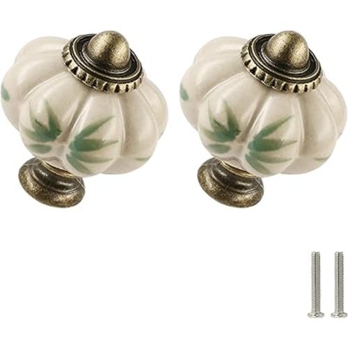 Zernmiarder Ivory Pumpkin Knobs 12 Pack Ceramic Cabinet Knobs Vintage Drawer Pulls - Antique Dresser Pulls with Screws - Bamboo Leaves