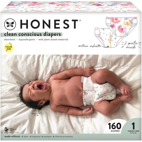 The Honest Company Comfort Dry Disposable Diapers Plant-Based Sustainable Rose Blossom and Tutu Cute Super Club Box Size 1 8-14 lbs 160 Count
