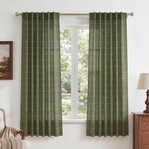 NICETOWN Linen Plaid Gingham Curtains 63 inches Length for Bedroom | Moss Green Check Tartan Light Filtering Curtains for Living Room, Rod Pocket Back Tab, 2 Panels, 52 inch Wide x 63 inch Long