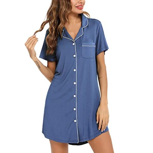 Samring Pajama Nightgown for Women Short/Long Sleeve Button Down Nightwear Top Boyfriend Sleep Shirts Nightdress S-XXL