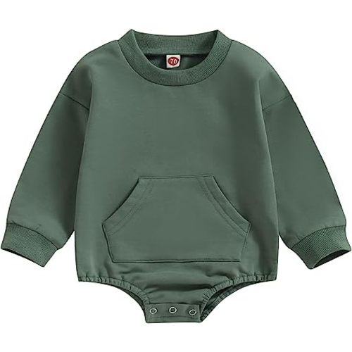 Hoanselay Newborn Infant Baby Boy Girl Basic Plain Pocket Long Sleeve Romper Bodysuit Tops Solid Fall Outfit Clothes