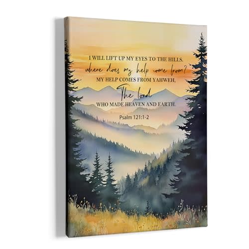 HIWX Christian Wall Decor, Retro Mountain Forest Psalm 121 Bible Verse Framed Canvas Painting Wall Art Decor, Religious Scripture Wall Art Home Decoration for Bedroom Living Room Church Office, 11x14