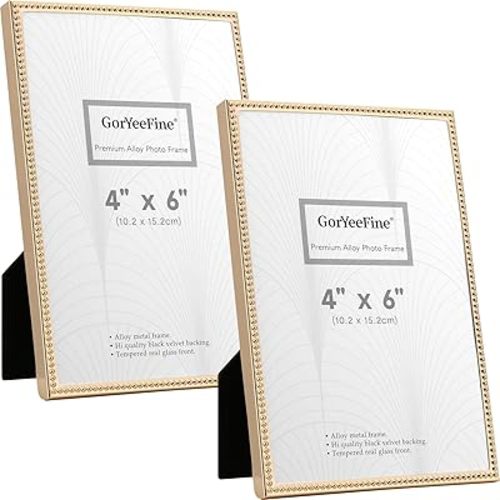 YiPinYin 4x6'' Gold Metal Picture Frames Set of 2,Elegant Beaded Metal Frames with Real Glass & Soft Premium Velvet Backing for Wedding Photos,Home Decor & Gallery Wall