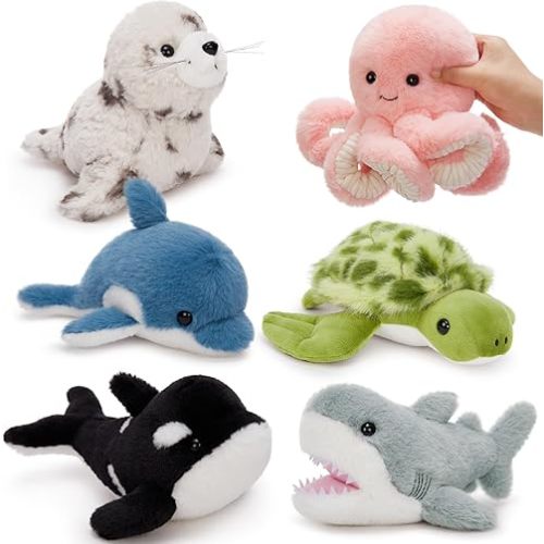 MaoGoLan 6Pcs Sea Animal Stuffed Animals Ocean Plush Toys Set Bulk Kid Gift | 6 animals: whale, shark, turtle, seal, orca, octopus. Soft & Cuddly. Marine theme party favors, decors, Christmas, Valentines