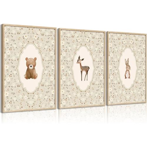 Vintage Woodland Animals Nursery Canvas Wall Art Cute Bunny Bear Deer Picture Wall Decor Country Poster Painting Print Neutral Artwork for Girls Room Kids Room Baby Room Bedroom Farmhouse Decortion