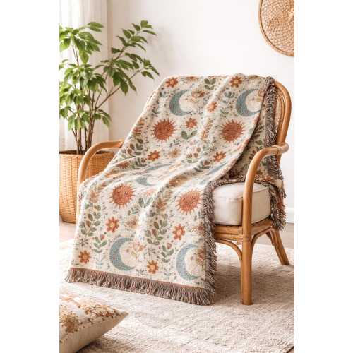 Boho Sun Moon Woven Blanket, Botanical Celestial Throw, Cotton Tapestry Home Decor
