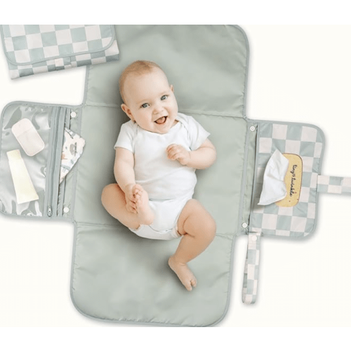 Tiny Twinkle Portable Diaper Changing Pad | Waterproof, Wipeable & Compact Baby Changing Pad for Travel | Smart Wipes Pocket & Organized Storage| Newborn Shower Gift (Sage Checkers)