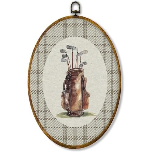 Hiuwevt Vintage Golf Nursery Oval Wall Art Decor, Sports Framed Canvas Prints, Neutral Gingham Golf Bag Oval Wall Hanging Decor for Kids Boy Nursery Room Bedroom Playroom Decorations, 8.6x11.4 Inches