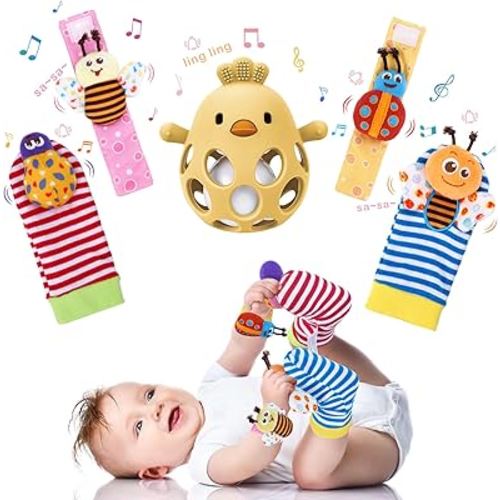 MCGMITT Teethers for Babies 3-6 Months, Soft Baby Wrist and Foot Rattles, Non Toxic Easy Grip Baby Rattles Toy for 0-12 Months, Infant Arm Hand Rattle Feet Leg Ankle Socks Silicone Sensory Toy Gift