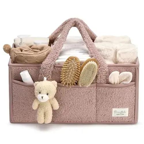 PERABELLA Baby Diaper Caddy Organizer with Teddy Bear Charm & Plush Sherpa Exterior - Versatile Storage Basket for Nursery & Changing Table - Ideal Gift for New Moms - TikTok Shop