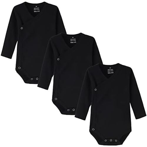 ACESTAR Baby Boy Girl Side Snap Bodysuits - 100% Cotton Plain Long Sleeve Baby Kimono for Newborn-12 Months, 3 Pack