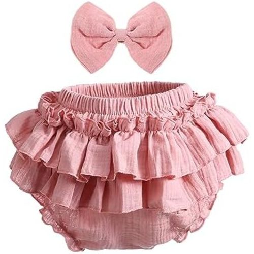Newborn Infant Baby Girl Cotton Bloomers and Bows Toddlers Ruffle Shorts Diaper Covers Headband Set