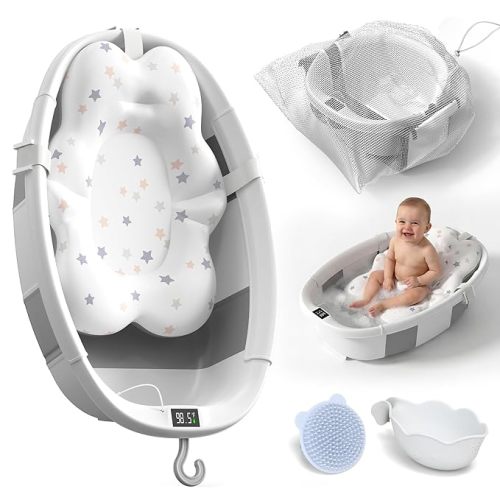 Collapsible Baby Bathtub - Large Baby Bath Tub with Thermometer | Bath Essential Bañera para Bebe Easy Fold Baby Tub | Travel Infant Newborn Toddler Bathtub for Baby Girl Boy 0 to 36 Months (Grey)