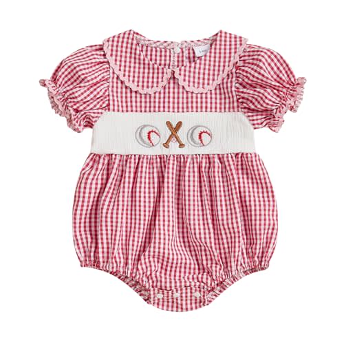 Mobbdow Newborn Baby Girl Baseball Outfit Embroidery Short Sleeve Smocked Bubble Romper Ruffle Bodysuit Cute Summer Clothes