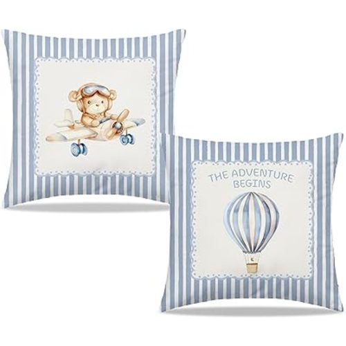 Dibor Hot Air Balloon Airplane Bear Nursery Throw Pillow Covers 18x18 in, Kids Toddler Decorative Couch Cushion Covers, Bear Nursery Decor, Pillow Case for Kids Toddler Boy Room Bedroom, Set of 2