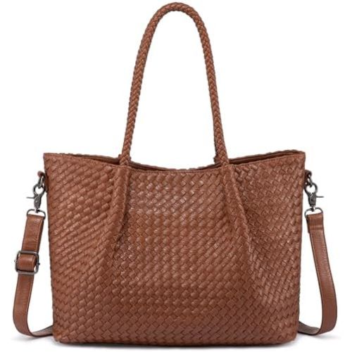 LOVEVOOK Woven Tote Bag for Women Vegan Leather Shoulder Handbag for Travel Work Crossbody Purse