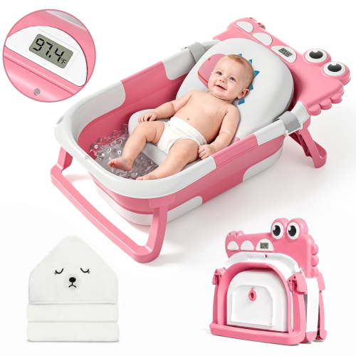 MoreFeel Collapsible Baby Bathtub with Thermometer,0-36 Months
