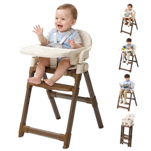 PRVAETU Foldable High Chair For Baby, Easy-to-Clean Feeding Chair with Removable Tray, Adjustable Legs and Seat Belt For Infant Toddlers,Beige