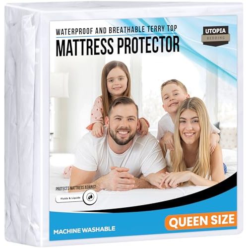 Queen Size Mattress Protector Waterproof, Premium 200 GSM Terry Mattress Cover, Soft & Breathable Bed Cover, Fitted Sheet Style Stretchable Deep Pockets 17" by Utopia Bedding (White)