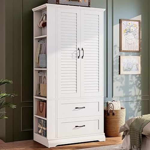 IRONCK Armoire Wardrobe Closet, 70.87" H Wooden Bedroom Armoire with 2 Louvered Doors, 2 Drawers and Shelves, Large Freestanding Clothing Storage Cabinet, White