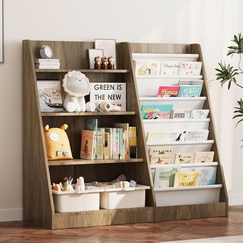 Kids Bookshelf Wood Toy Storage Organizer Cabinet Children Bookcase Toddler Baby Sling Book Rack Adjustable Shelf for Playroom Bedroom Nursery Hallway School Kindergarten
