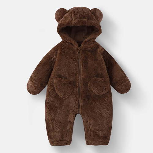 NAISIBABY Baby Winter Fleece Jumpsuit, Thicken Warm Full Zip-Up Soft Hooded Newborn Home One-Piece Romper Brown 0-3Months