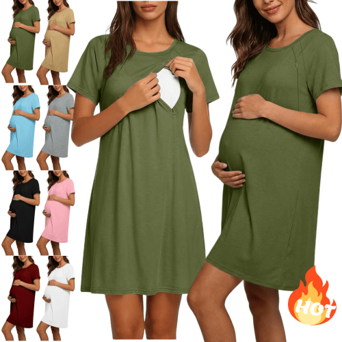 Mifsaly Nursing Dresses Breastfeeding Crewneck Short Sleeve Maternity Dress Soft Breathable Summer Casual Postpartum Hospital Gowns with Hidden Zipper Army Green,XL