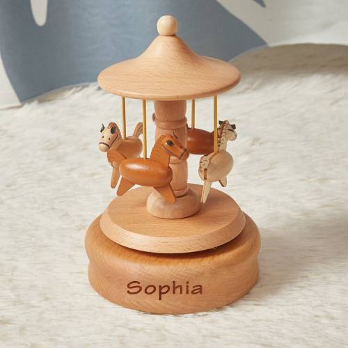Personalized Wooden Carousel Music Box: Engraved Horse Gift