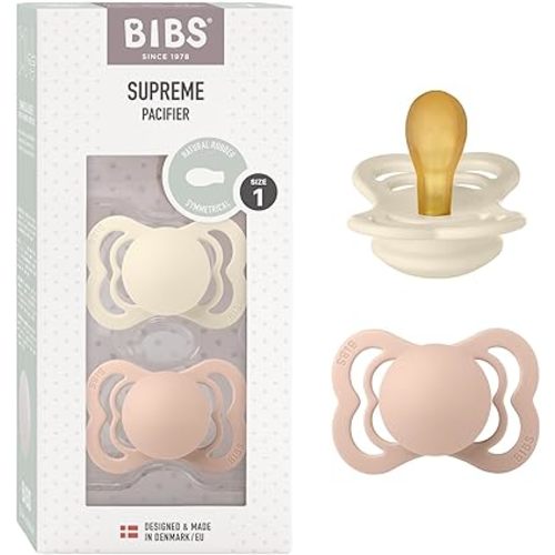 BIBS Supreme Baby Pacifier 2-Pack | Made in Denmark | BPA Free Dummy Soother, Symmetrical Nipple. Natural Rubber Latex, Size 1 (0-6 Months), Ivory / Blush