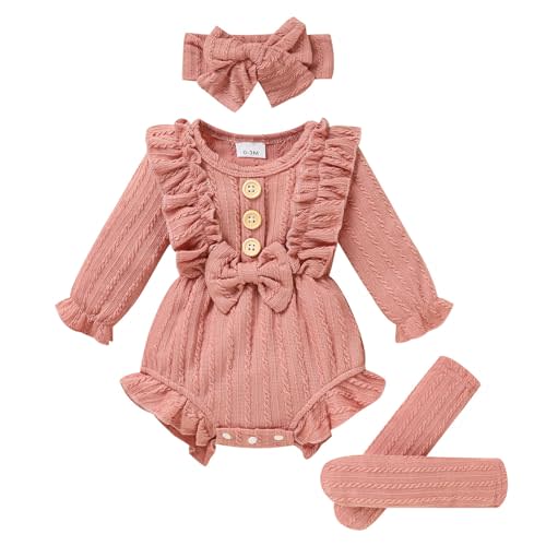 GRNSHTS Newborn Baby Girl Clothes Ruffle Solid Sweater Long Sleeve Romper+Hairband+Socks 3Pcs Fall Winter Outfits