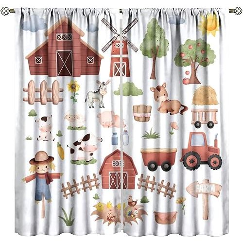 Cartoon Farmhouse Curtain, Cute Farm Animals Curtain Rustic Cow Sheep Pig Red Barn Windmill Print Window Curtains for Kids Toddler Bedroom Nursery 42" W X 54" L