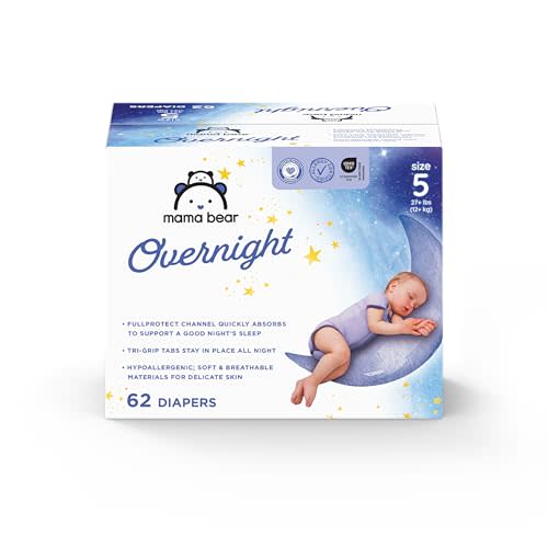 Amazon Brand - Mama Bear Overnight Baby Diapers with Leak Protection and Skin Protection, Fragrance-Free, Size 5, 62 Count, Maximum Absorbency