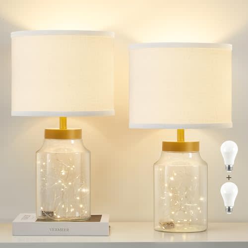 GyroVu Fillable Table Lamp, Bedside Lamp with Clear Glass Fillable Lamp Nightstand Lamp for Living Room Bedrooms Office, Bulbs Included(Gold+White Lampshade)