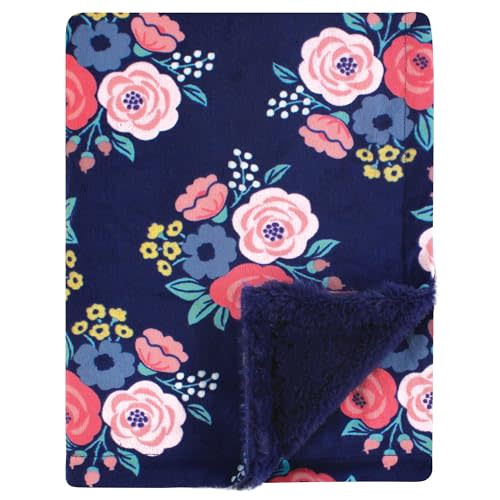 Hudson Baby Infant Girl Plush Blanket with Furry Binding and Back, Navy Bold Floral, One Size