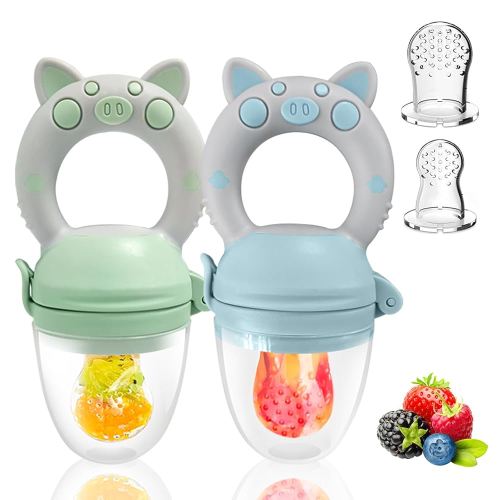 Baby Solids/Frozen Fruit Feeder Pacifier, Infant Teether Toy 4M+, BPA-Free Silicone Pouch & Nipple, Safely Introduce Solids, Teething Relief, 2-Pack - Gray (Piglet)