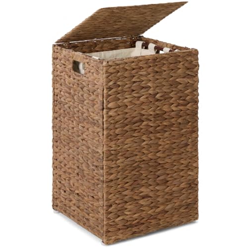Best Choice Products Small Laundry Hamper with Lid, Natural Handwoven Hyacinth Laundry Basket, W/Removeable & Washable Liner Bag, Portable, Handles, 18 Gallon (67 liters) - Chestnut