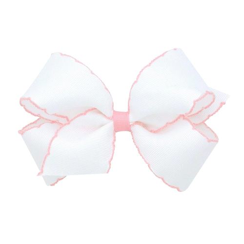 Wee Ones Girls' Classic Grosgrain Moonstitch Edge Hair Bow on a WeeStay Hair Clip, Contrasting Edge, Medium, White with Light Pink